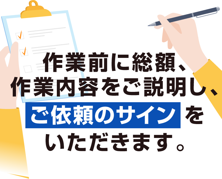作業前に総額、作業内容をご説明し、ご依頼のサインをいただきます。